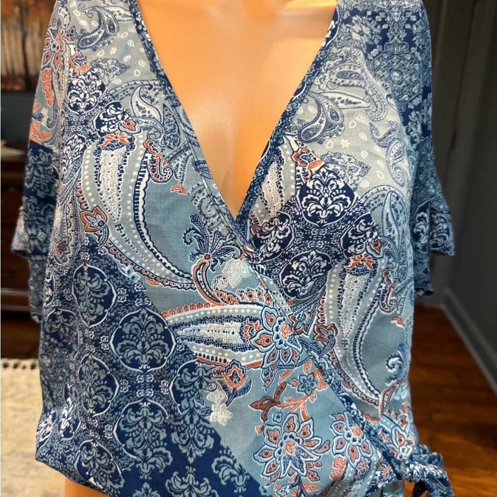 Blue Paisley Wrap Top Tie Waist Short Sleeve Boho Crop Blouse Small Paper Crane - Picture 4 of 7